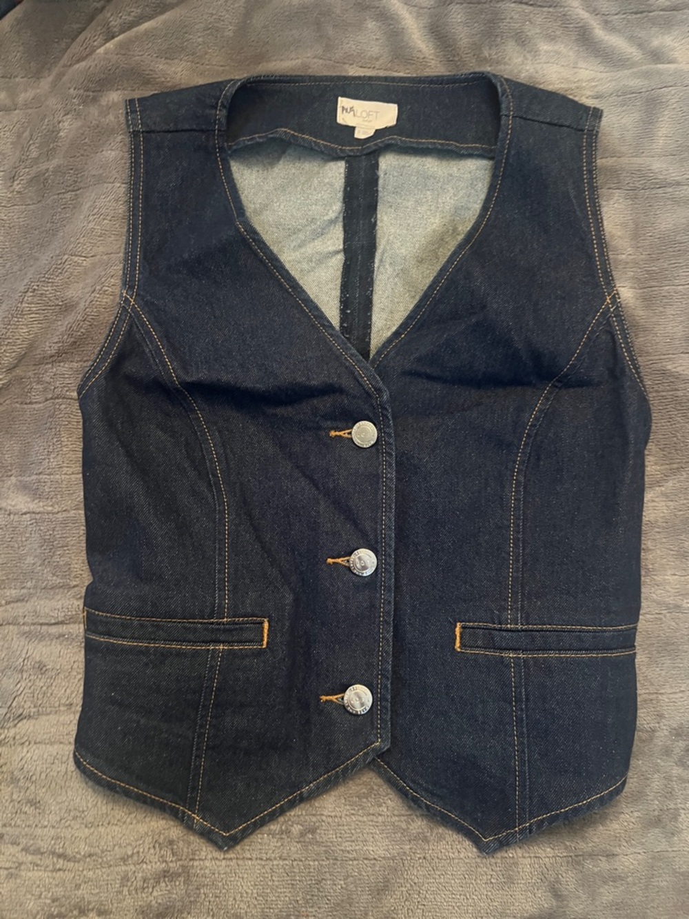 NWOT Loft Dark Indigo Denim Vest with Tan Stitching